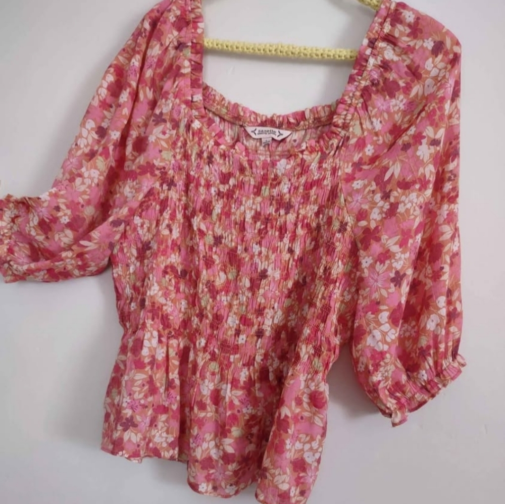 Pink Floral Smocked Top Elastic Waist - Picture 3 of 10